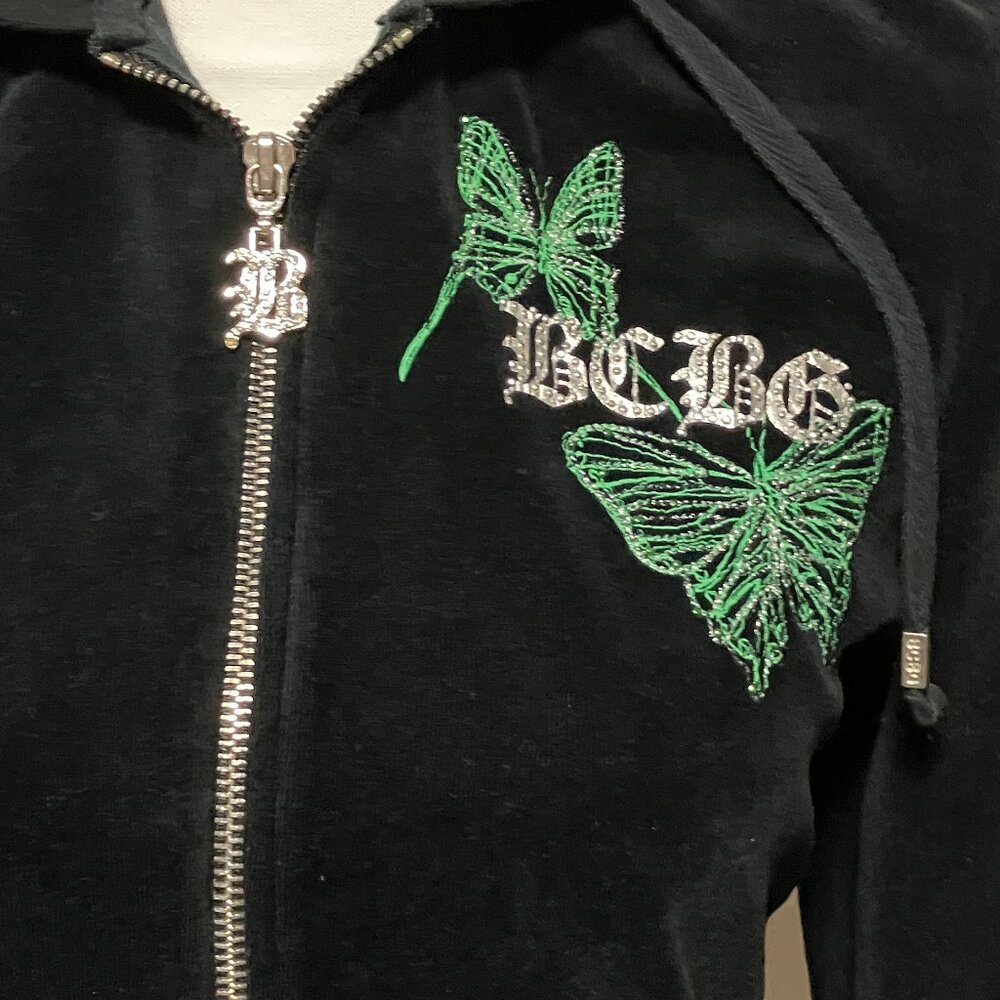 BCBG Maxazria Black Velour Hoodie With Green Butterflies, Size Large, Full Zip - Picture 3 of 13